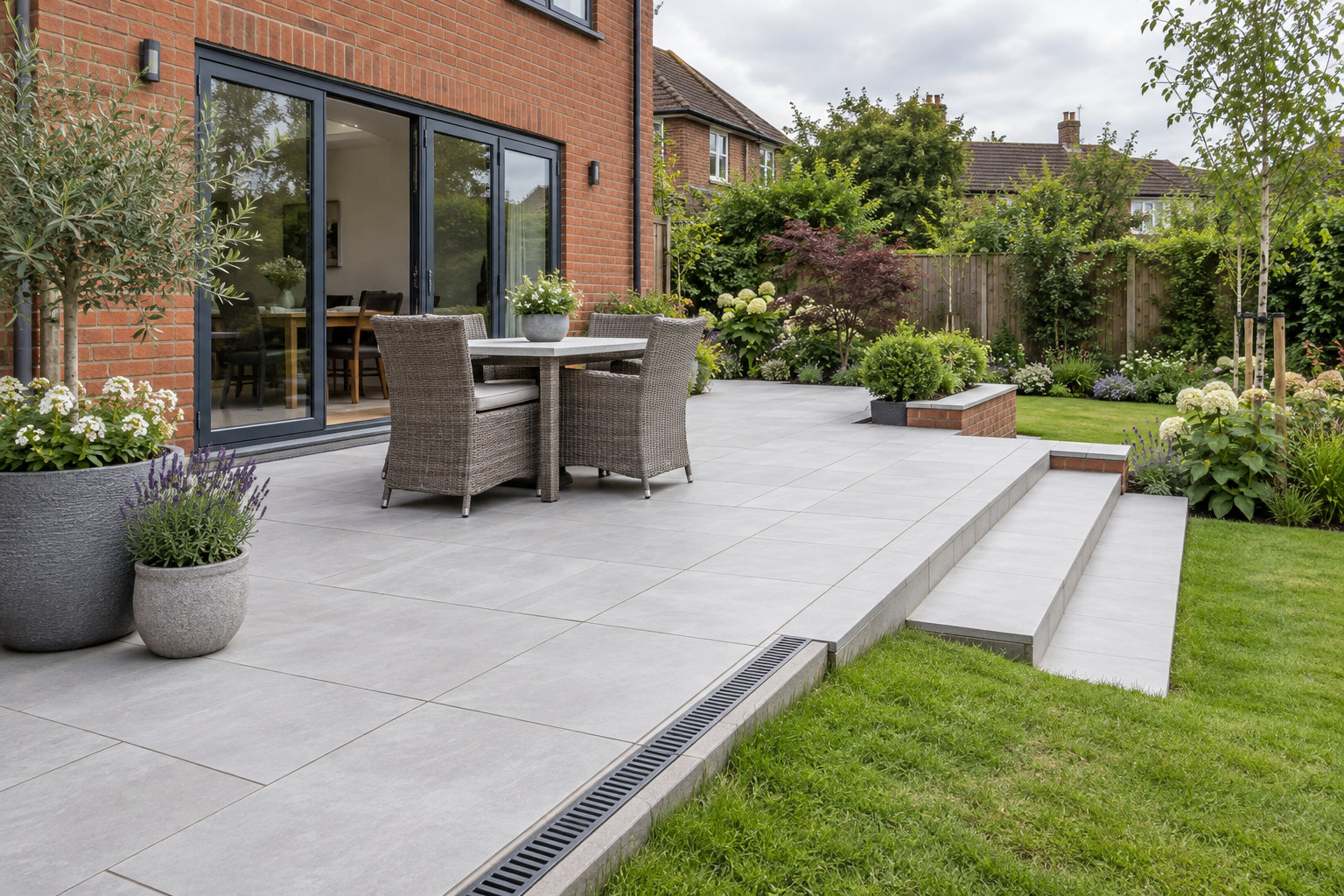 Illustrative grey porcelain garden patio